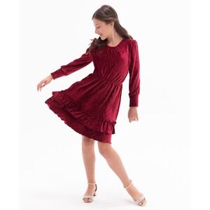 Rare Editions Big Girls Long Sleeve Textured Velvet Tiered Dress - Burgundy - 16